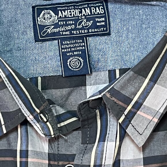 American Rag Mens Large Gray Blue Plaid Snap Button Short Sleeve Shirt - Picture 3 of 7